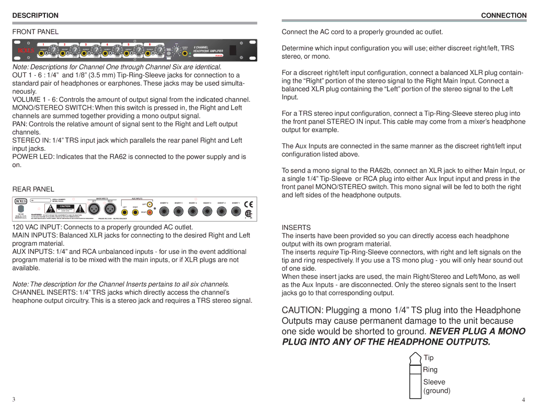 Rolls RA62b owner manual Description, Rear Panel, Connection 