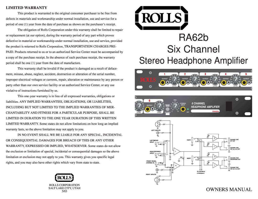 Rolls owner manual Limited Warranty, RA62b Six Channel, Stereo Headphone Amplifier 