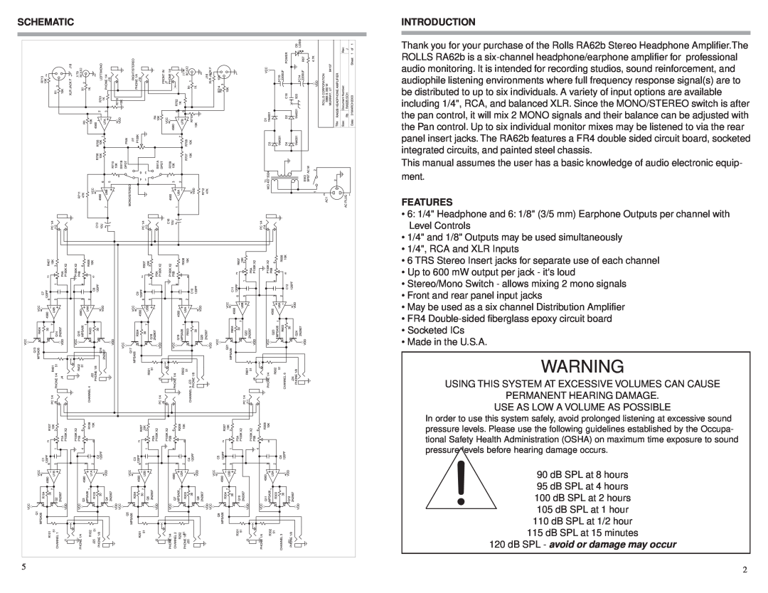 Rolls RA62b owner manual Schematic, Introduction, Features, dB SPL - avoid or damage may occur 