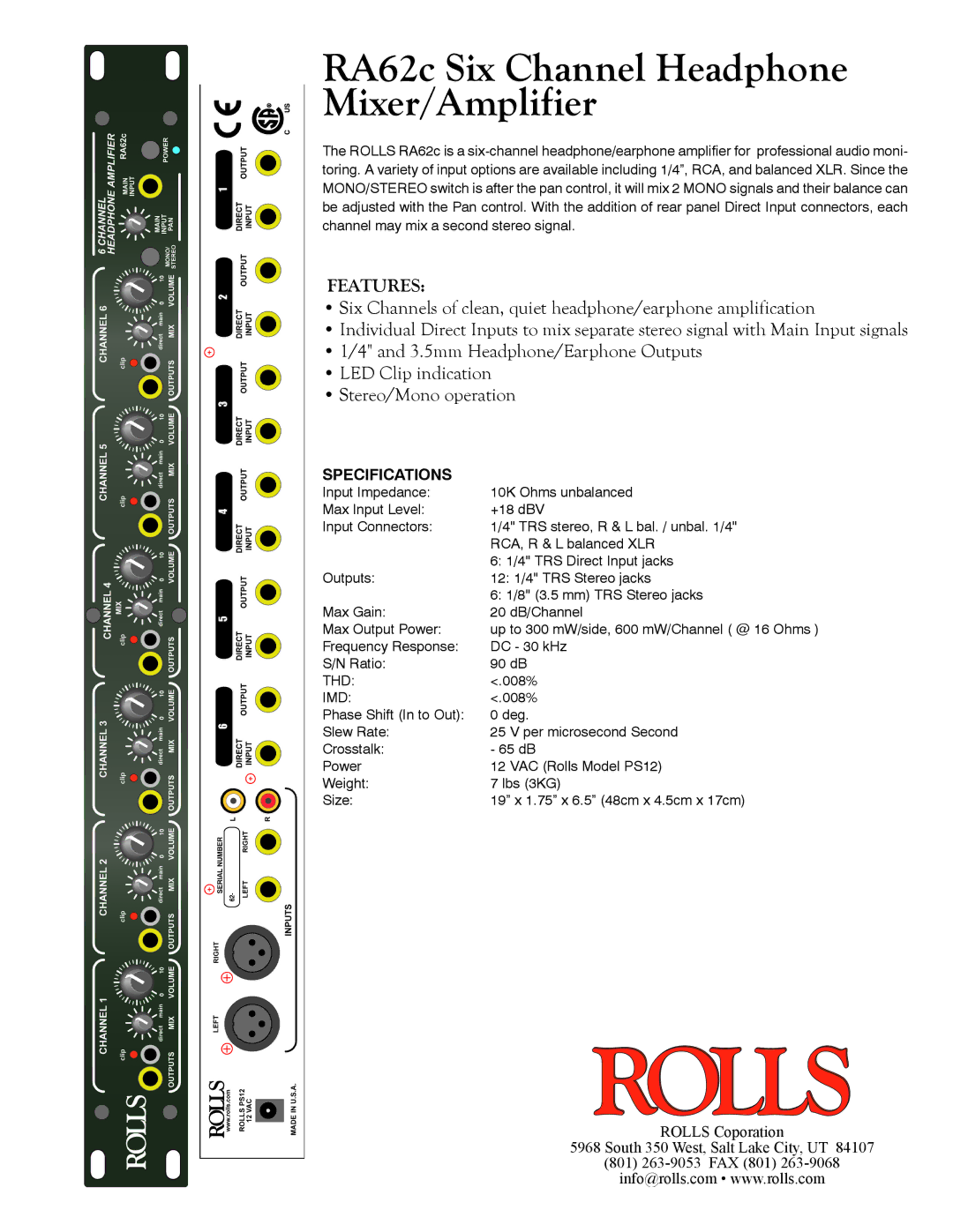 Rolls specifications RA62c Six Channel Headphone Mixer/Amplifier, Features, Specifications, Thd, Imd 