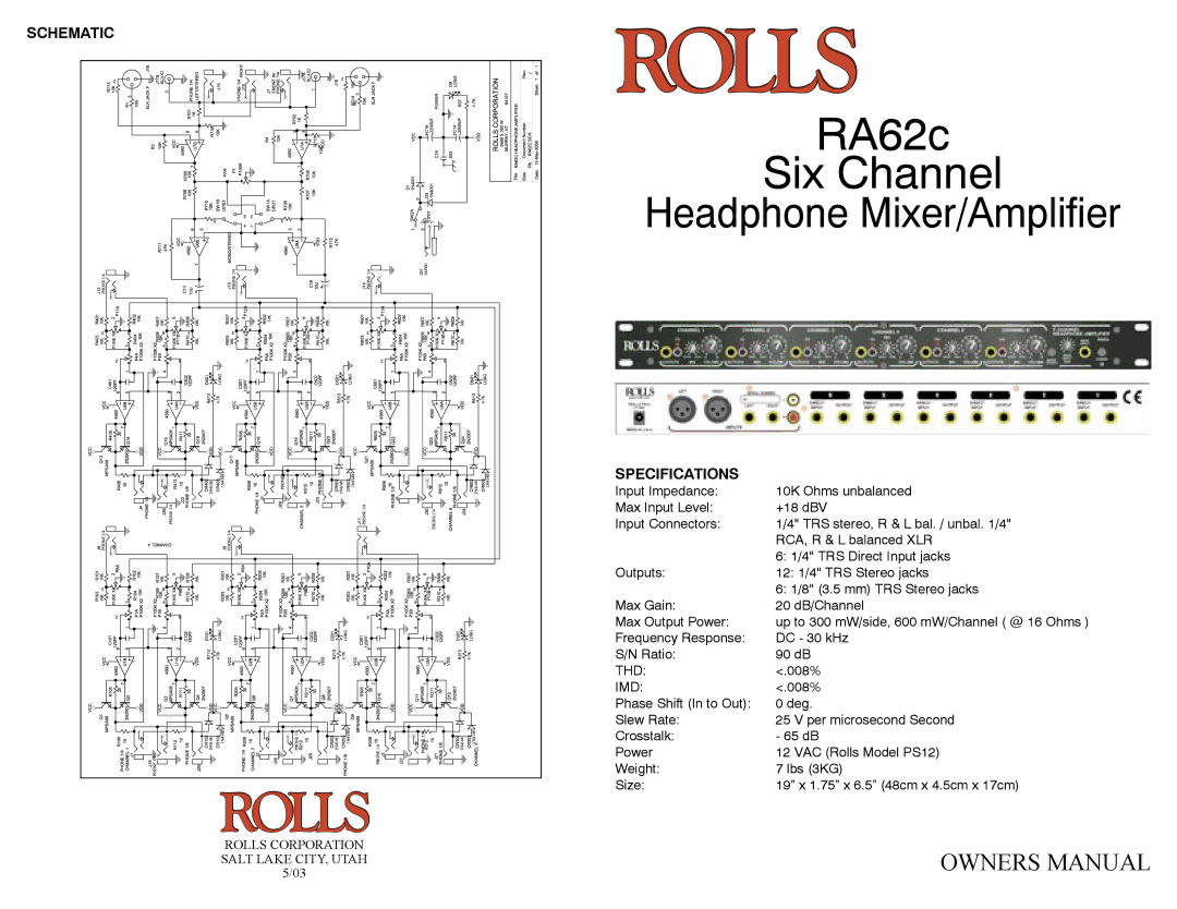 Rolls RA62c specifications Schematic, Specifications, Thd, Imd 