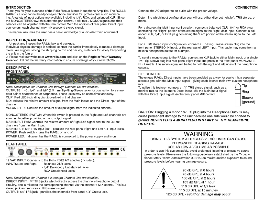 Rolls RA62c specifications Tip, Ring, Sleeve ground 