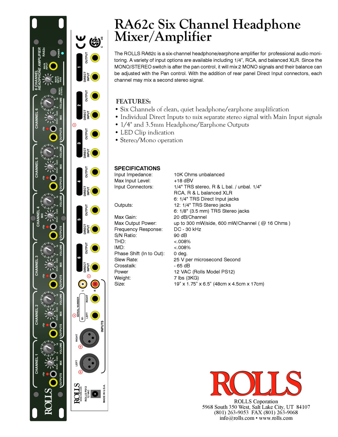 Rolls specifications Schematic, Specifications, RA62c Six Channel, Headphone Mixer/Amplifier, Owners Manual 
