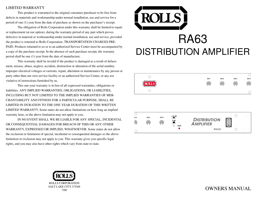 Rolls RA63 owner manual 