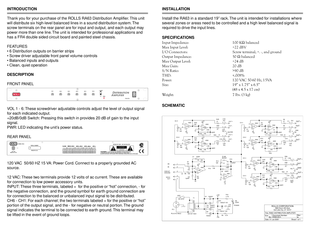 Rolls RA63 owner manual Introduction, Description, Installation, Specifications, Schematic 