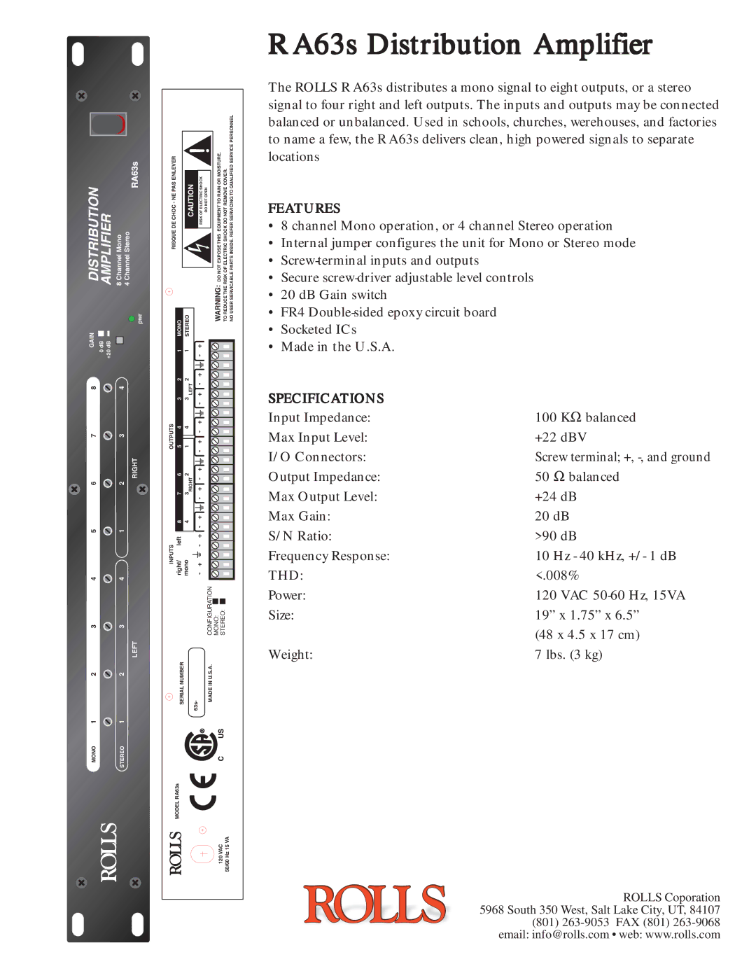 Rolls RA63s manual A63s Distribution Amplifier, Features, Specifications, Thd 