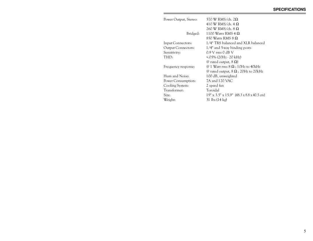 Rolls RA900 owner manual Specifications, Thd 