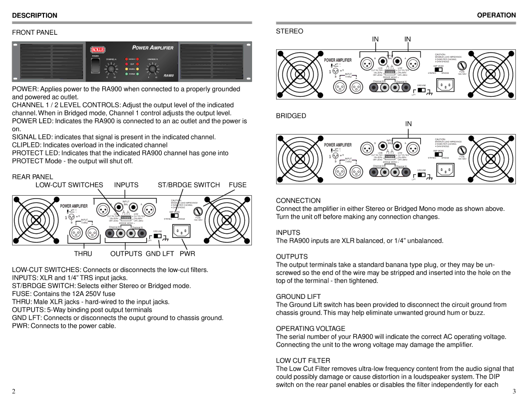 Rolls RA900 Description, Rear Panel LOW-CUT Switches Inputs ST/BRDGE Switch Fuse, Thru Outputs GND LFT PWR, Operation 