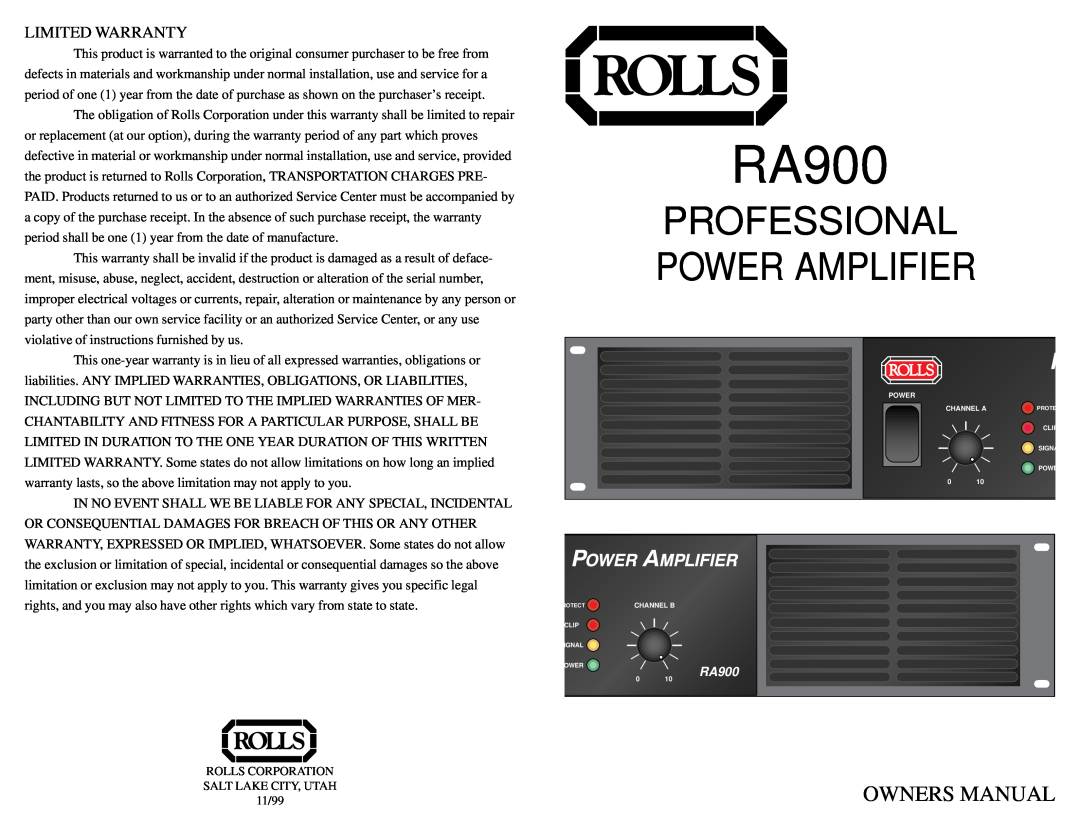 Rolls RA900 owner manual Professional, Power Amplifier, Limited Warranty 