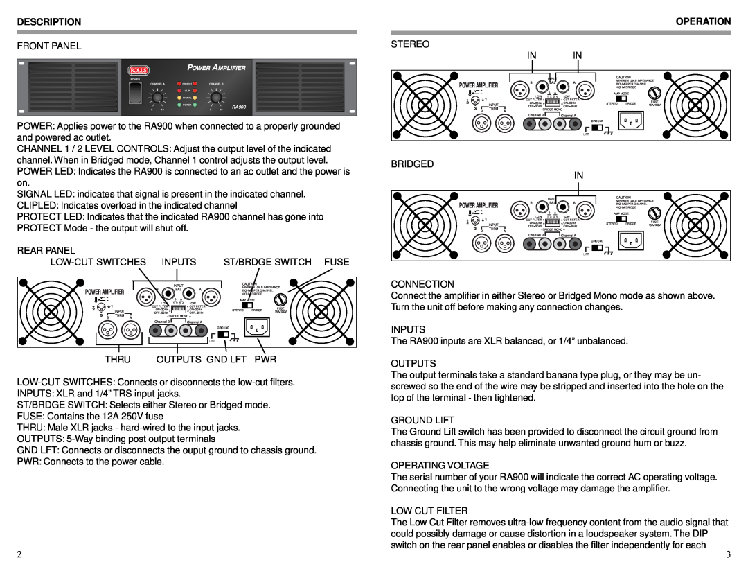 Rolls RA900 owner manual Description, Operation 