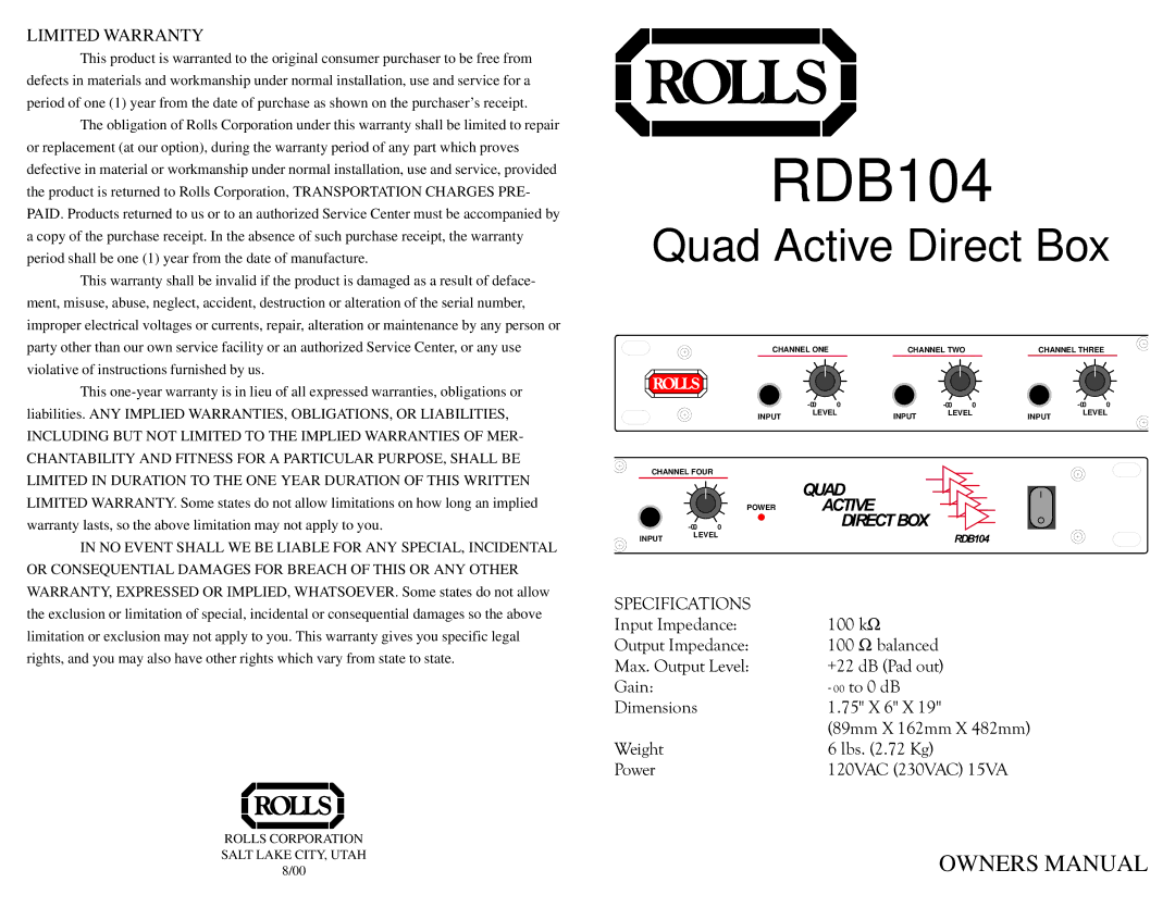 Rolls RDB104 owner manual 