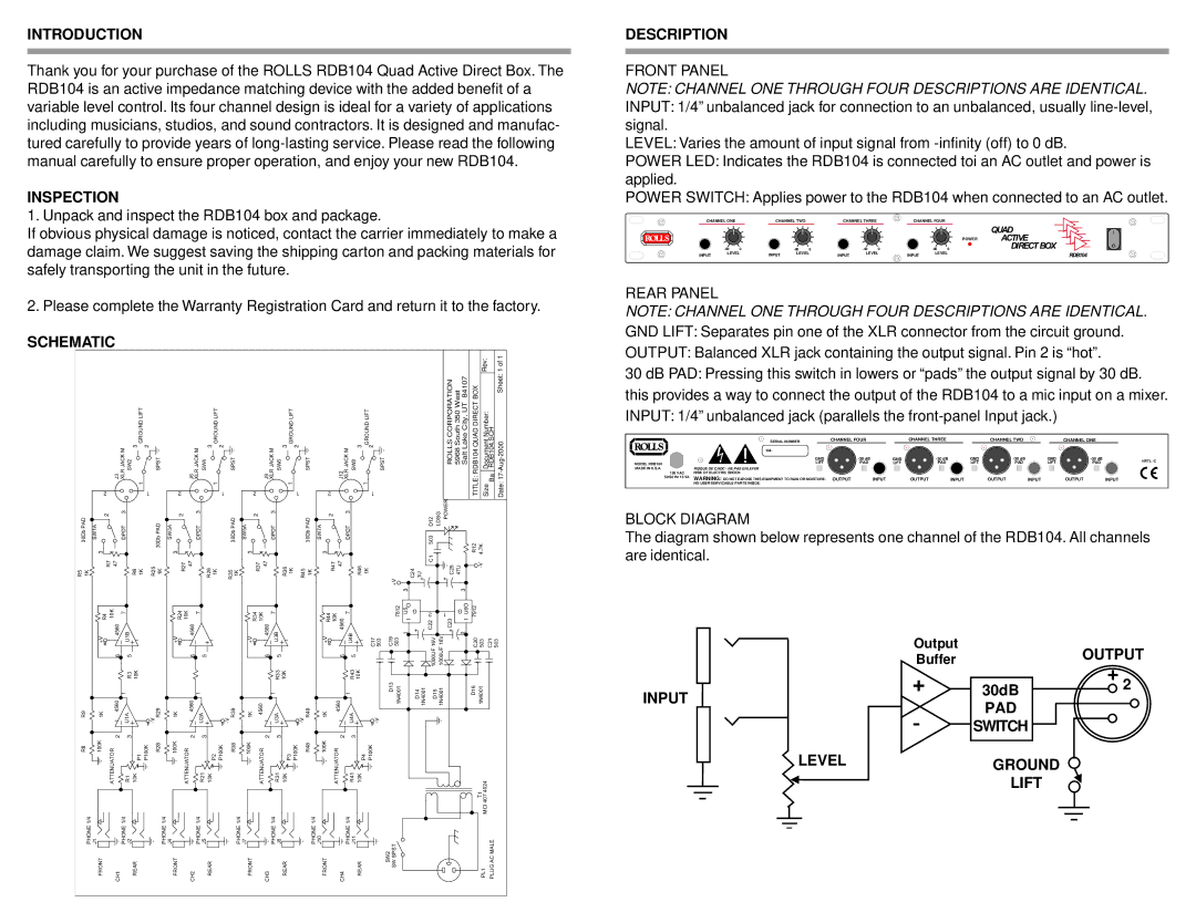 Rolls RDB104 owner manual Introduction, Inspection, Schematic, Description, Input Level, Output, Pad, Ground Lift 