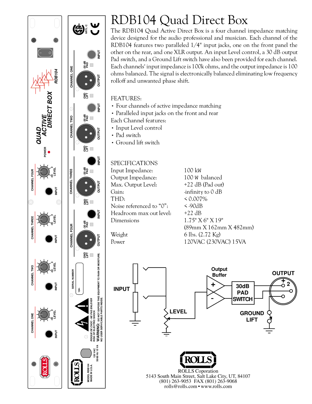 Rolls specifications RDB104 Quad Direct Box, Quad Active Direct BOX, Features, Specifications, Thd 