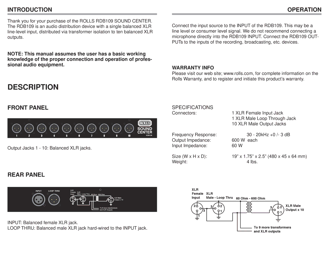 Rolls RDB109 quick start Description, Introduction, Front Panel, Operation, Rear Panel 