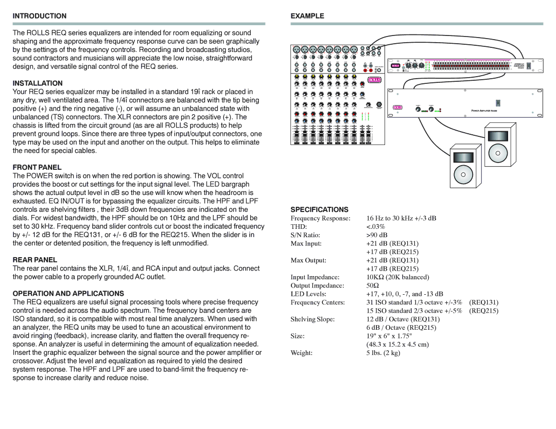 Rolls REQ131 Introduction, Installation, Front Panel, Rear Panel, Operation and Applications, Example, Specifications 