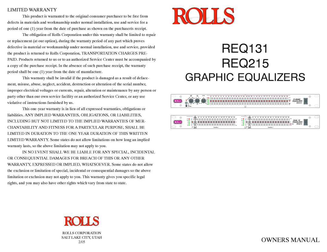 Rolls owner manual REQ131 REQ215, Graphic Equalizers, Limited Warranty 