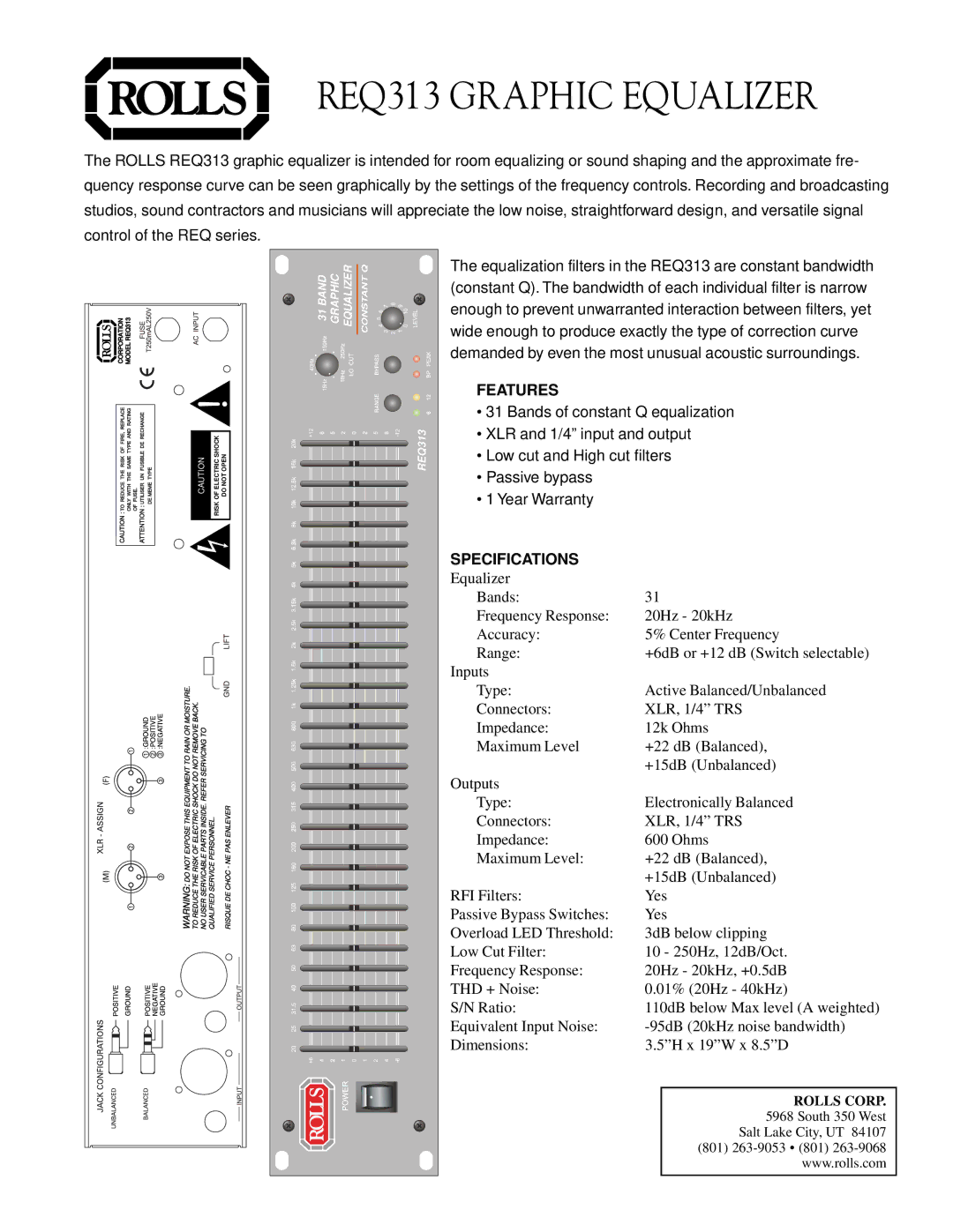 Rolls warranty REQ313 Graphic Equalizer, Features, Specifications 