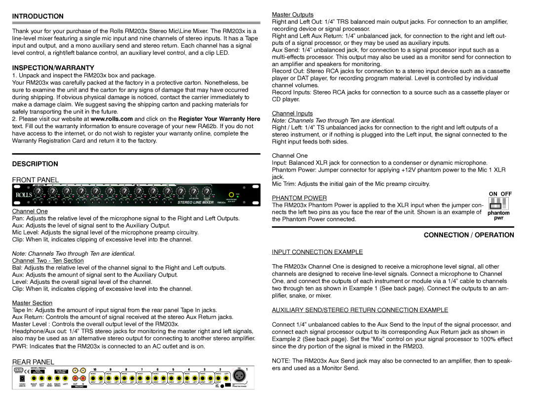 Rolls Rm203x owner manual Introduction, Inspection/Warranty, Description, Connection / Operation 