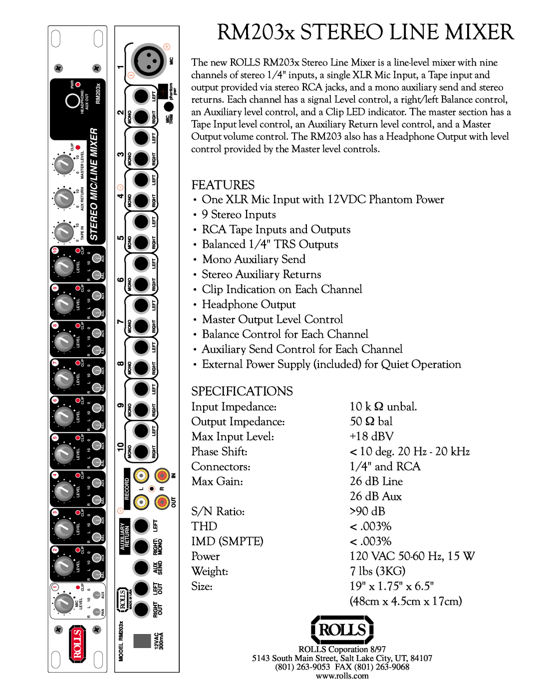 Rolls Rm203x specifications RM203x STEREO LINE MIXER, Features, Specifications 