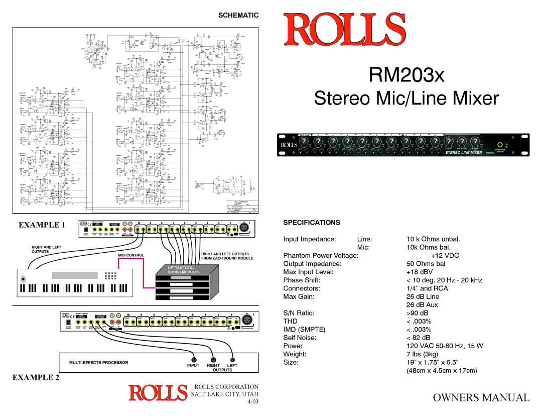Rolls Rm203x owner manual Schematic, Specifications, RM203x, Stereo Mic/Line Mixer, Owners Manual, Example 