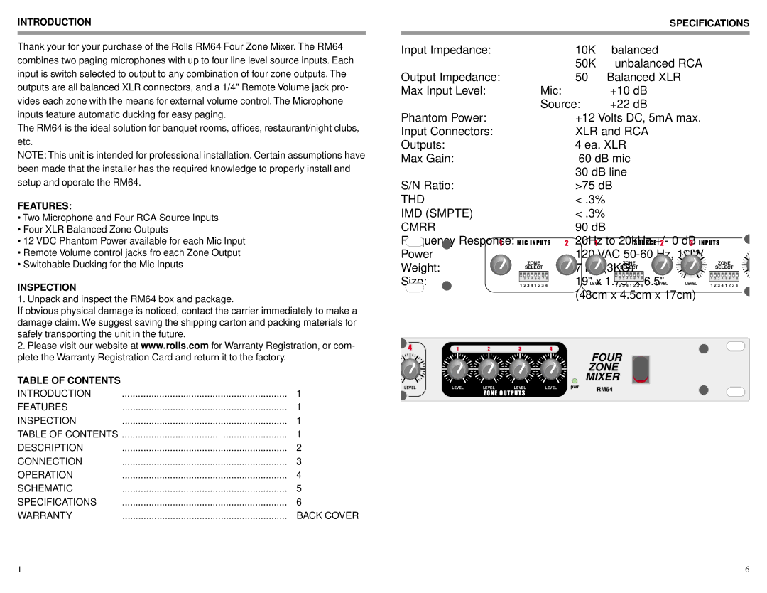 Rolls RM64 owner manual THD IMD Smpte Cmrr 