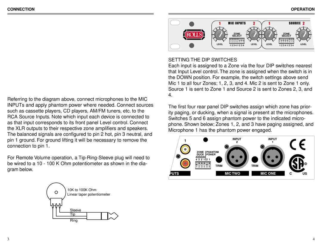 Rolls RM64 owner manual Setting the DIP Switches, Connection Operation 