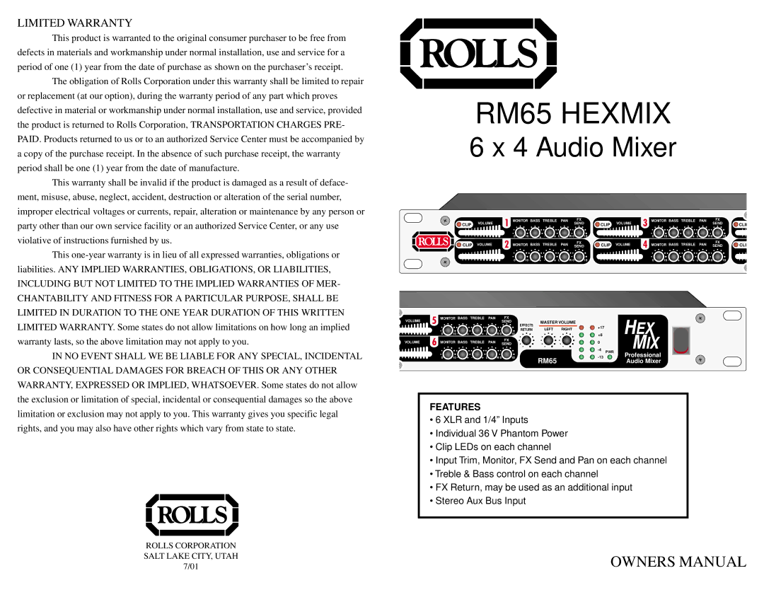 Rolls RM65 owner manual Limited Warranty, Features 