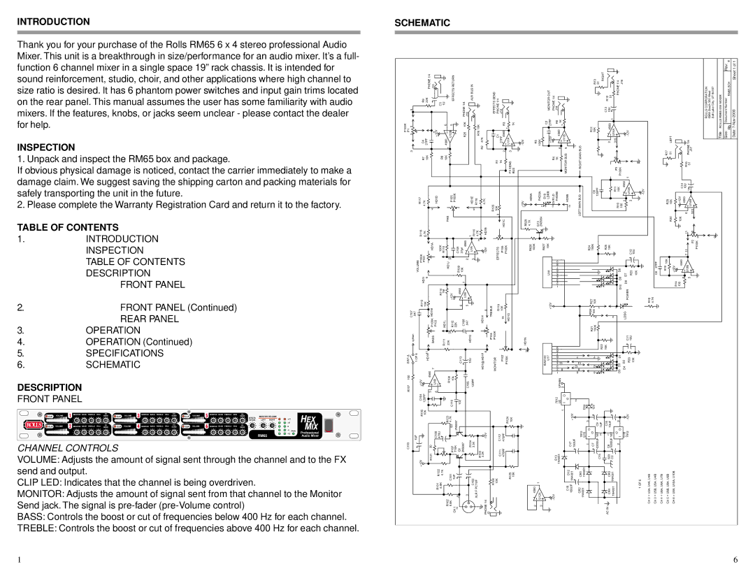 Rolls RM65 owner manual Introduction, Inspection, Table of Contents, Schematic, Channel Controls 