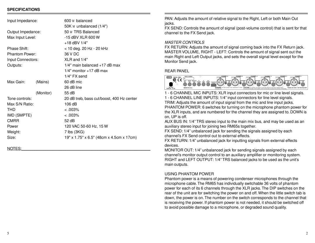 Rolls RM65 owner manual Specifications, Master Controls 