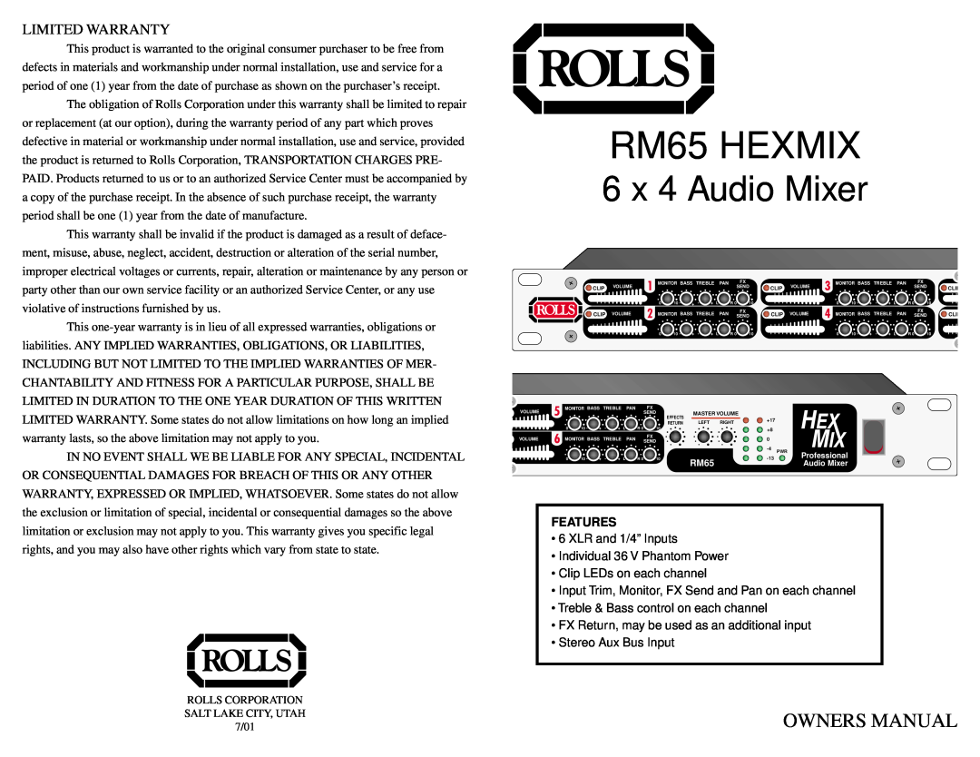 Rolls owner manual Features, RM65 HEXMIX, 6 x 4 Audio Mixer, Owners Manual, Limited Warranty 