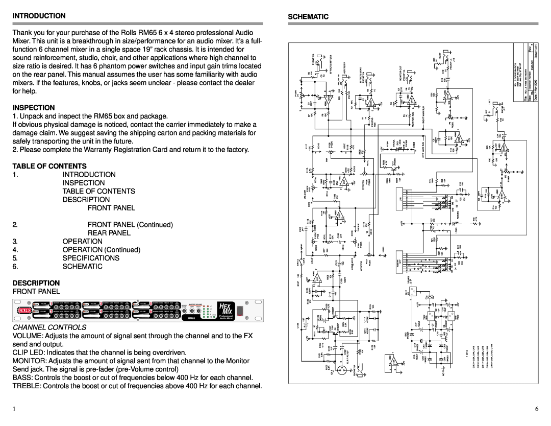 Rolls RM65 Introduction, Inspection, Table Of Contents, Schematic, Channel Controls, FRONT PANEL Continued, Operation 