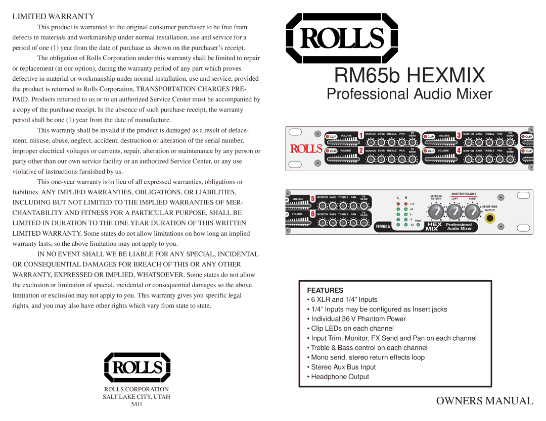 Rolls RM65b owner manual Limited Warranty, Features 