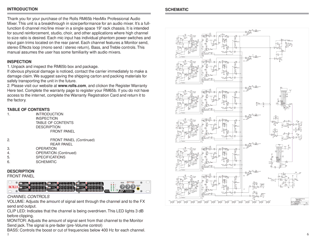 Rolls RM65b owner manual Introduction, Inspection, Table of Contents, Description, Schematic 