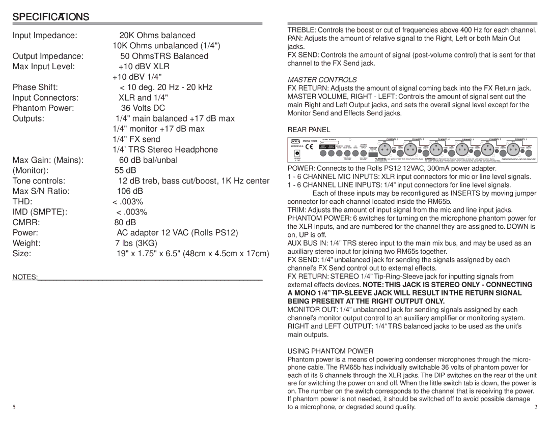 Rolls RM65b owner manual Master Controls, Rear Panel, Using Phantom Power 