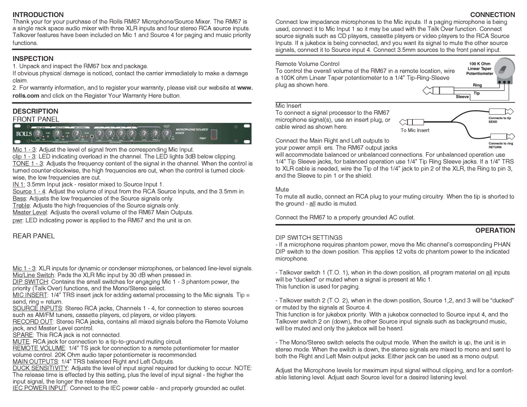 Rolls RM67 specifications Introduction, Inspection, Description, Connection, Operation 