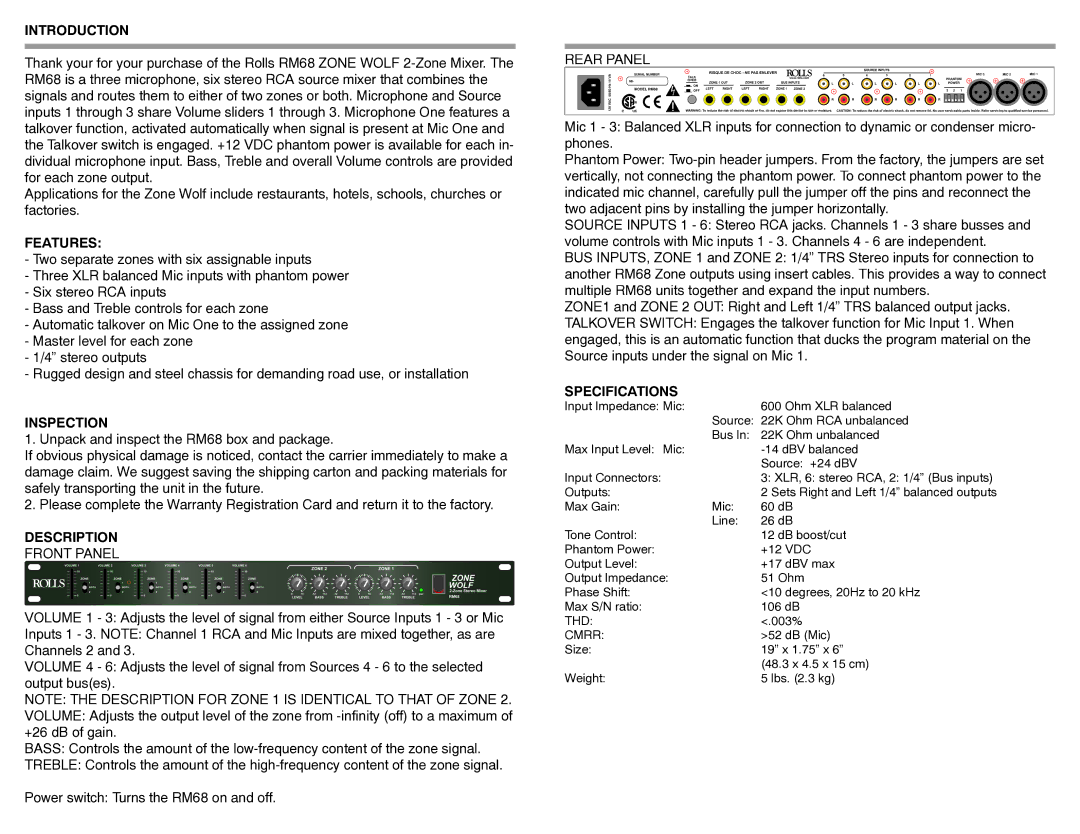 Rolls RM68 owner manual Introduction, Features, Inspection, Description, Specifications 