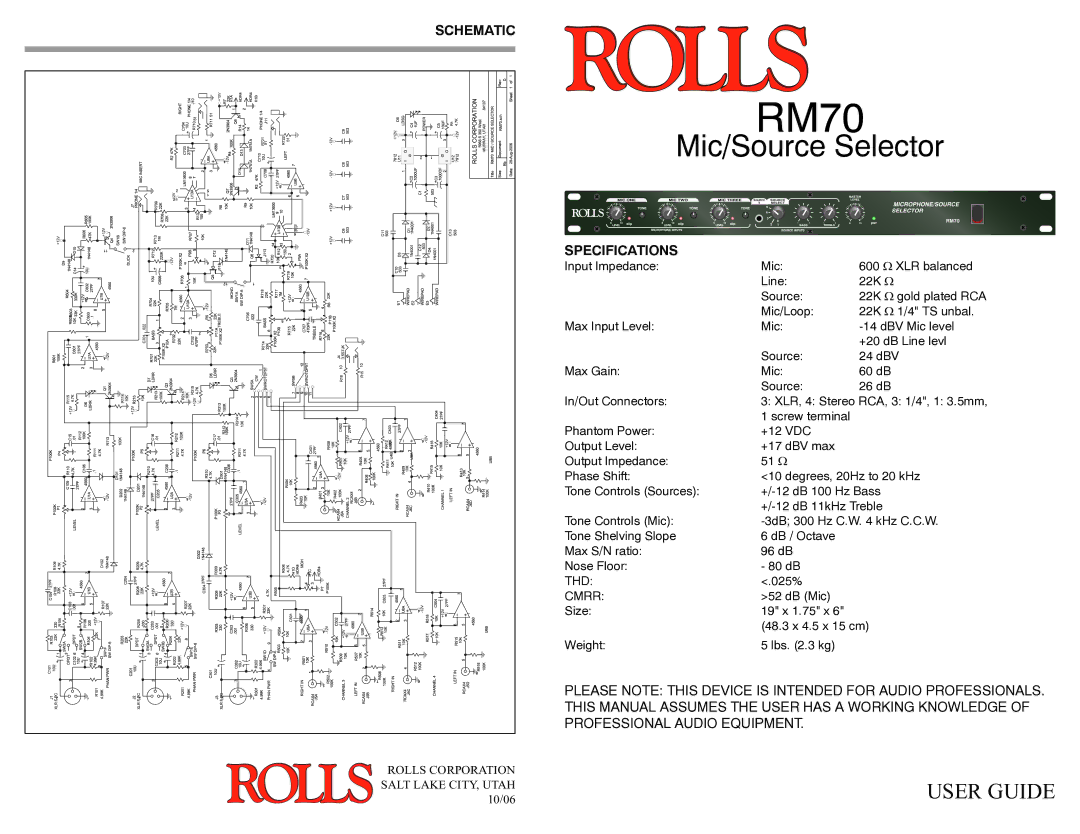 Rolls RM70 specifications Schematic, Specifications 