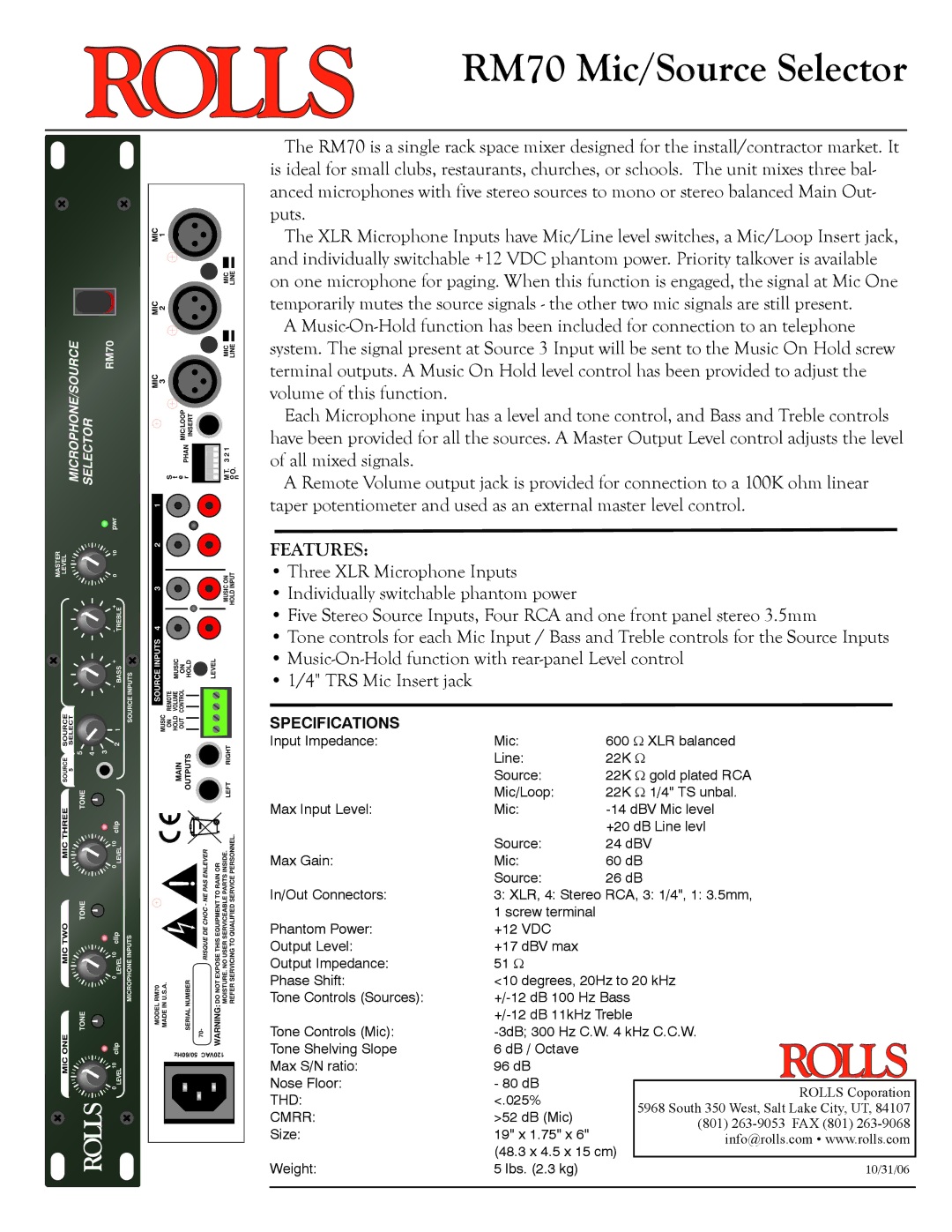 Rolls specifications RM70 Mic/Source Selector, Features, Specifications 