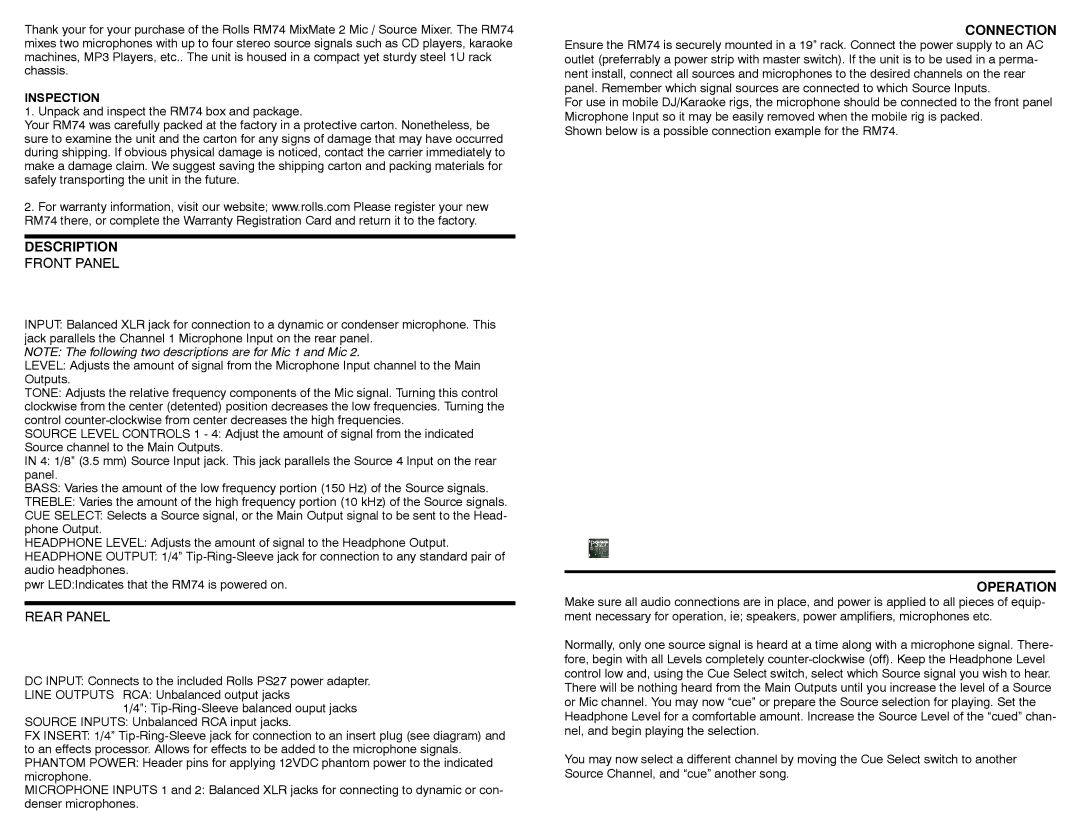 Rolls RM74 specifications Description, Front Panel, Rear Panel, Connection, Operation 