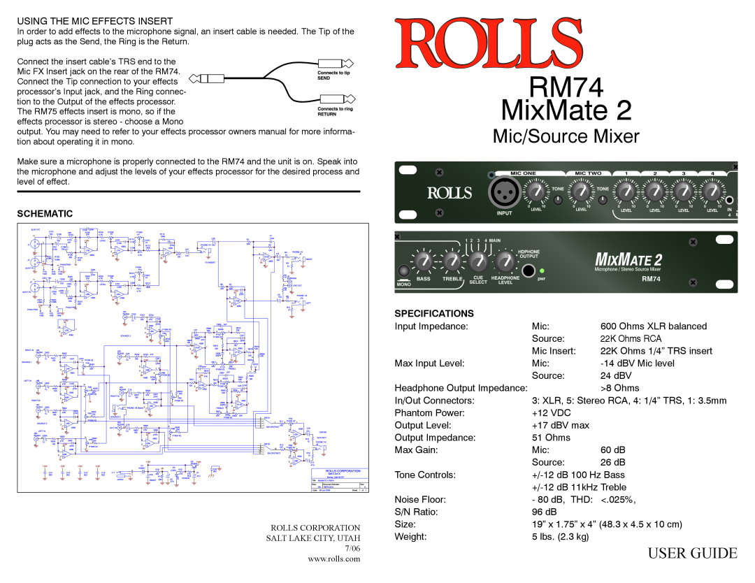 Rolls specifications Schematic, Specifications, RM74 MixMate, Mic/Source Mixer, User Guide 
