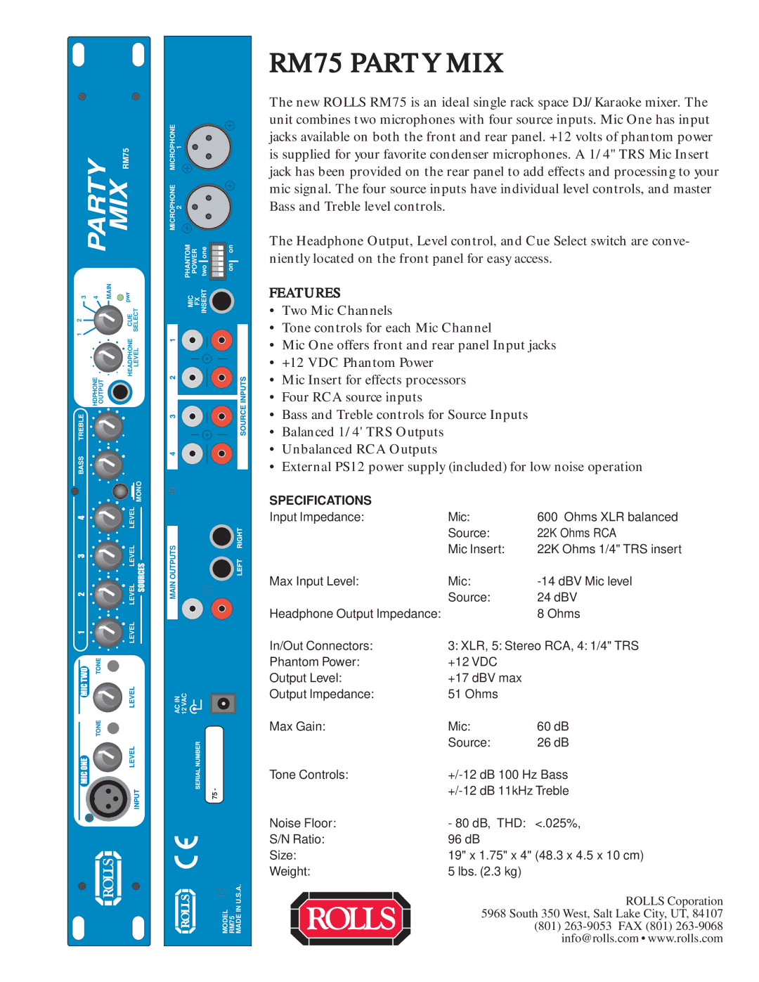 Rolls specifications RM75 Party MIX, Mix, Features, Specifications 