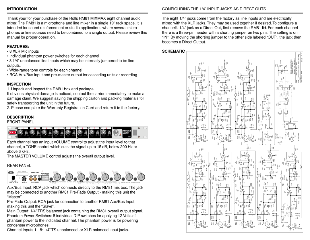 Rolls RM81 owner manual Introduction, Features, Inspection, Description, Schematic 