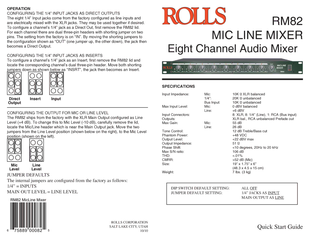 Rolls RM82 quick start Operation, Configuring the 1/4 Input Jacks AS Direct Outputs, Specifications 