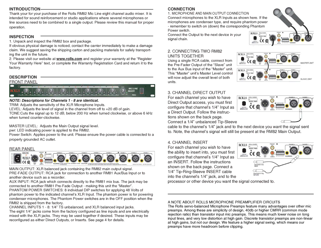 Rolls RM82 quick start Introduction, Inspection, Description, Connection 