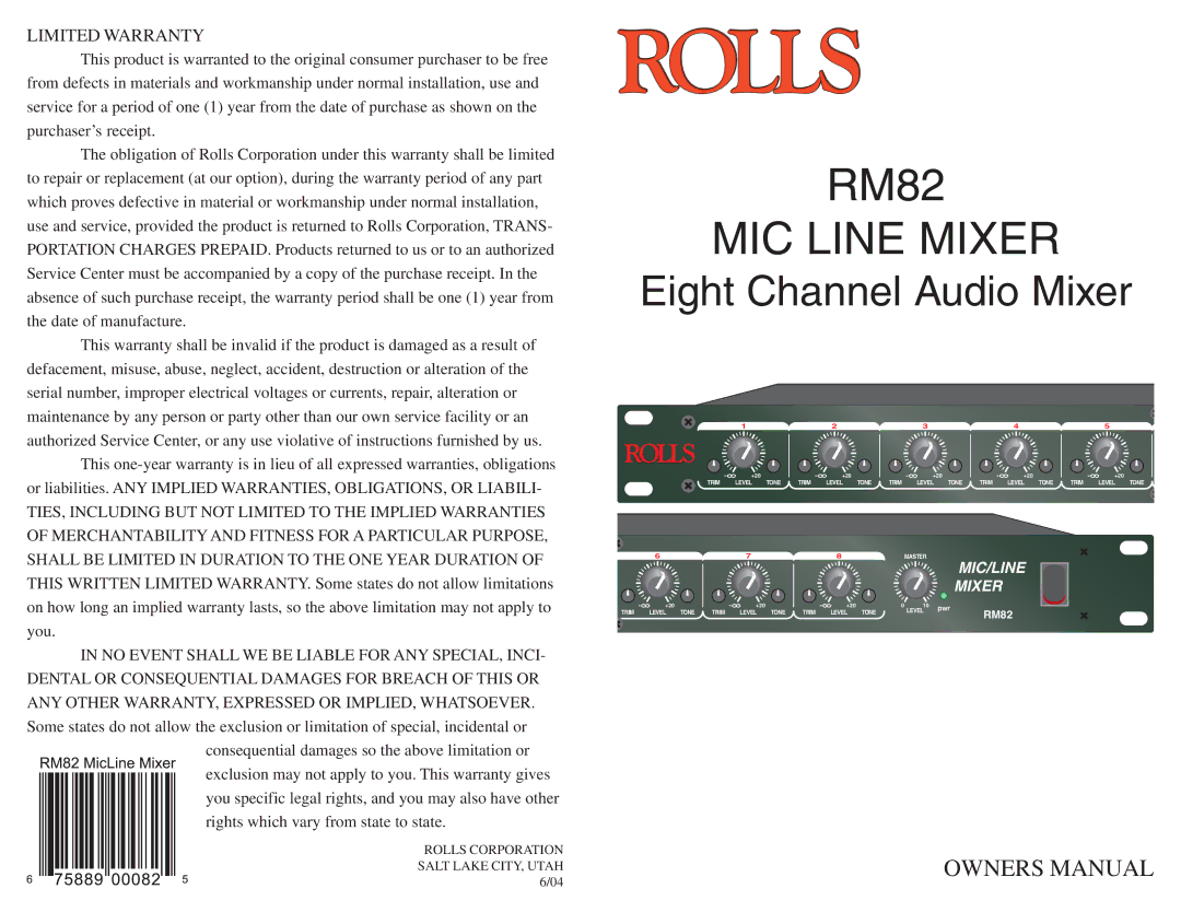 Rolls RM82 owner manual MIC Line Mixer 