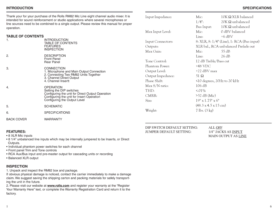 Rolls RM82 owner manual Introduction, Table of Contents, Features, Inspection, Specifications 