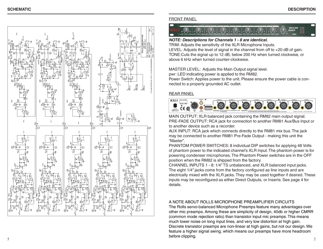 Rolls RM82 owner manual Schematic, Description, Front Panel, Rear Panel 