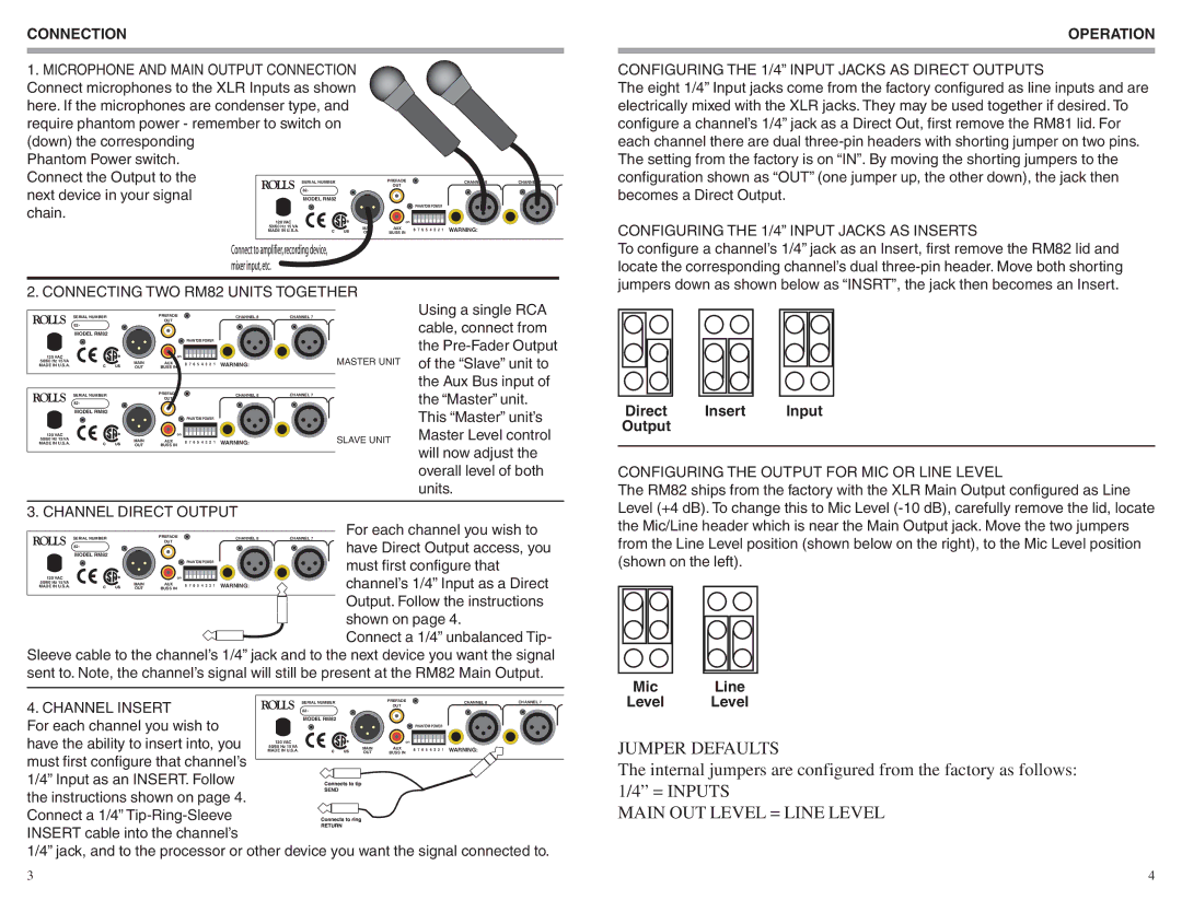 Rolls RM82 owner manual Connection, Operation, Channel Direct Output, Channel Insert 