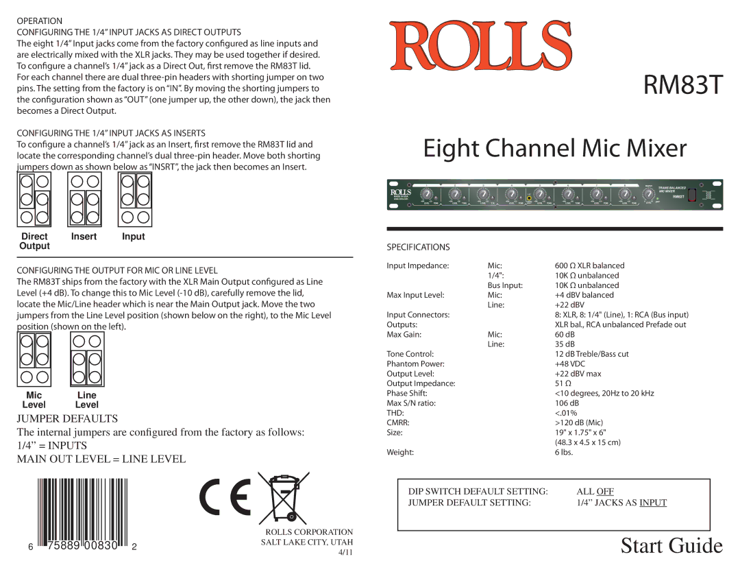 Rolls RM83T specifications Operation Configuring the 1/4 Input Jacks AS Direct Outputs, Specifications 