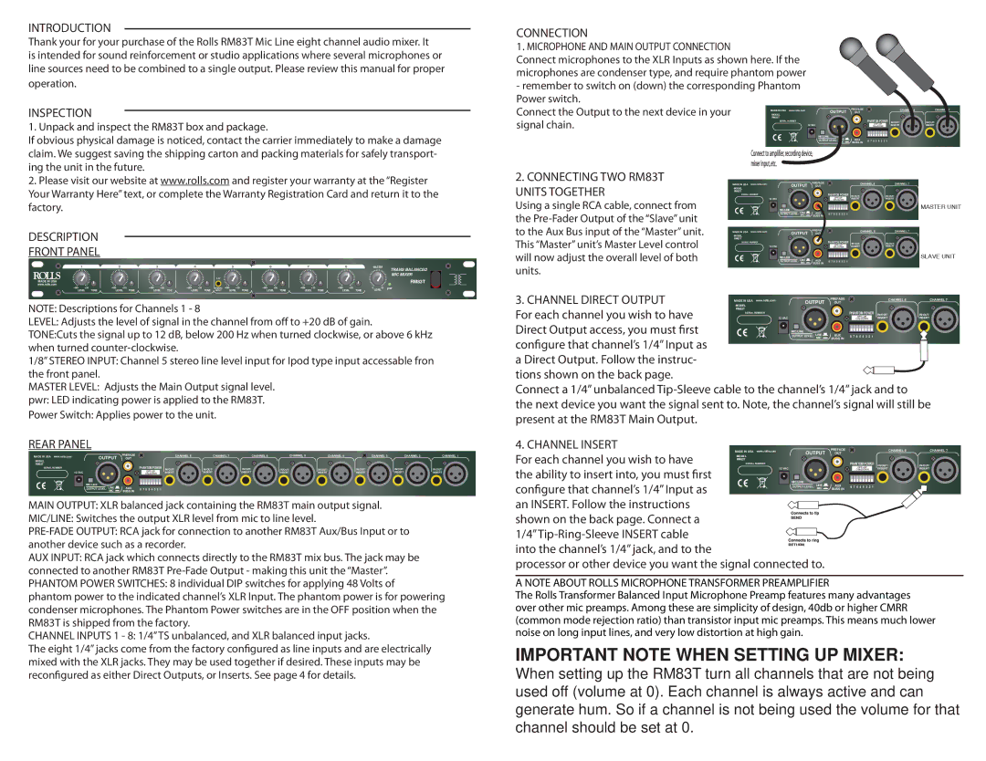 Rolls Introduction, Inspection, Connection, Description Front Panel, Connecting TWO RM83T Units Together, Rear Panel 